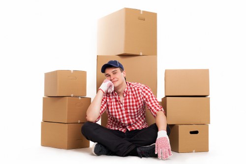 Removalists handling boxes and furniture in a flat